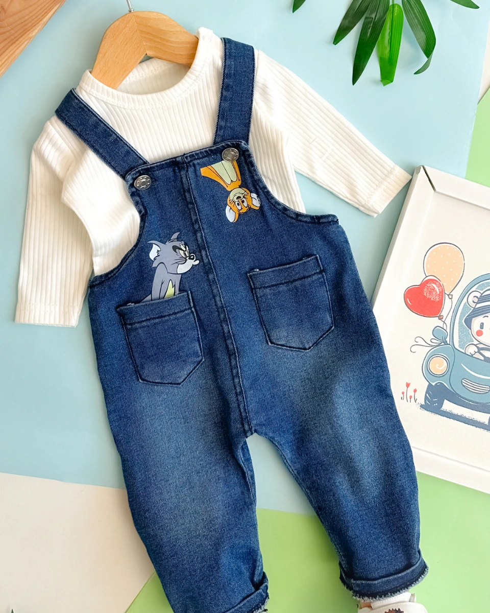 Yaramaz fare ve sinirli kedi cep detaylı mevsimlik 2li salopet set 