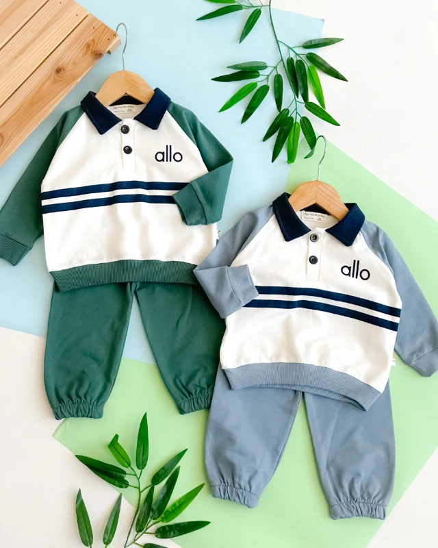 Allo yazılı gömlek yaka detay bilekten büzgülü eşofman mevsimlik 2li takım 