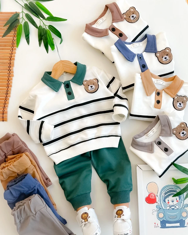 Ayı armalı çizgili gömlk yaka detay mevsimlik 2li takım 