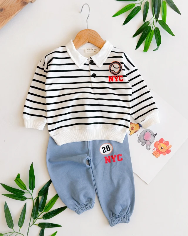 Baseball çizgili gömlek yaka detay mevsimlik 2li takım 