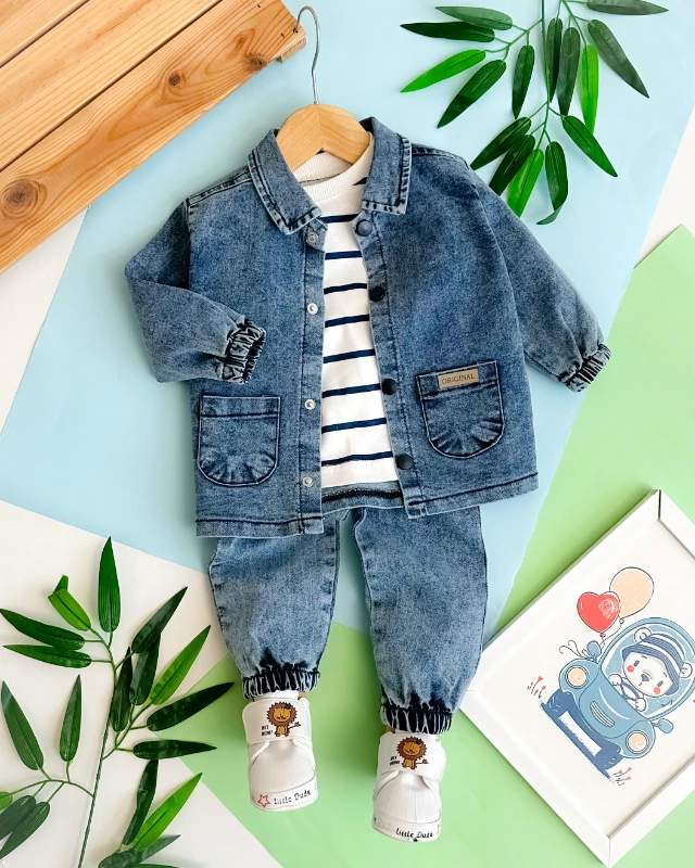 Çıtçıt detay kot ceketli çizgili sweatli mevsimlik 3lü takım 