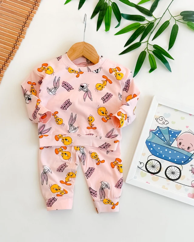 Çizgi film karakter baskılı omuzdan çıtçıtlı mevsimlik penye kumaş 2li takım 