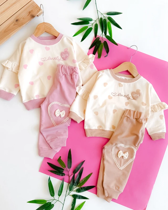 Lovely love yazılı fırfır kollu mevsimlik 2li takım 