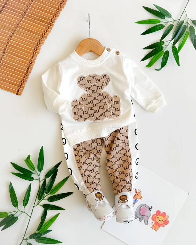 Oturan ayıcık detay omuzdan düğmeli mevsimlik 2li takım