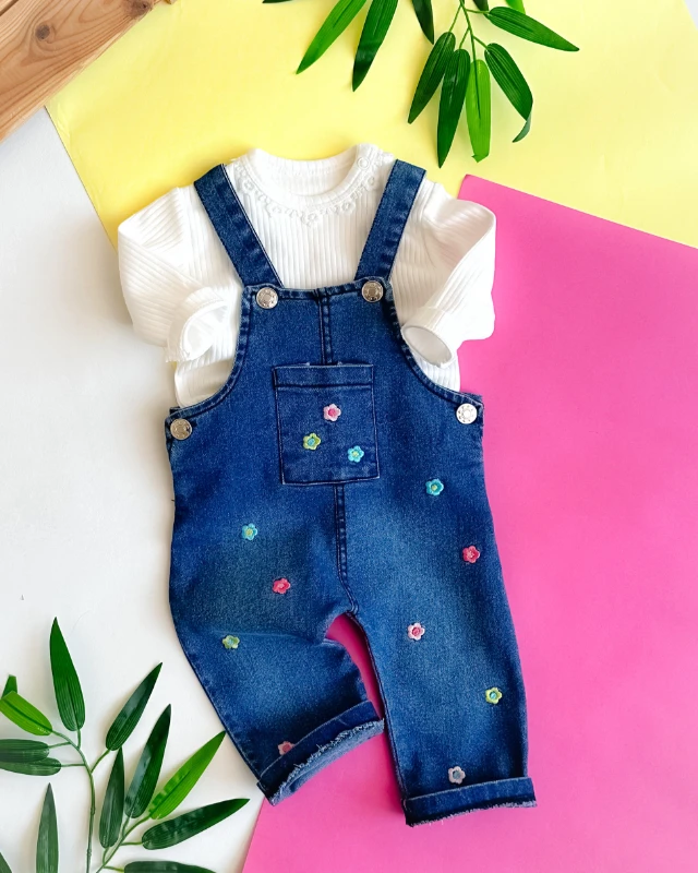 Renkli çiçek nakışlı mevsimlik kot salopet set 