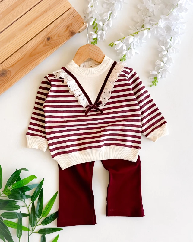 V güpür yakalı çizgili ispanyol paça taytlı mevsimlik 2li takım 