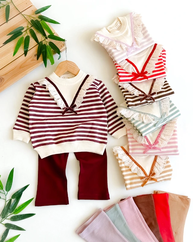 V güpür yakalı çizgili ispanyol paça taytlı mevsimlik 2li takım 