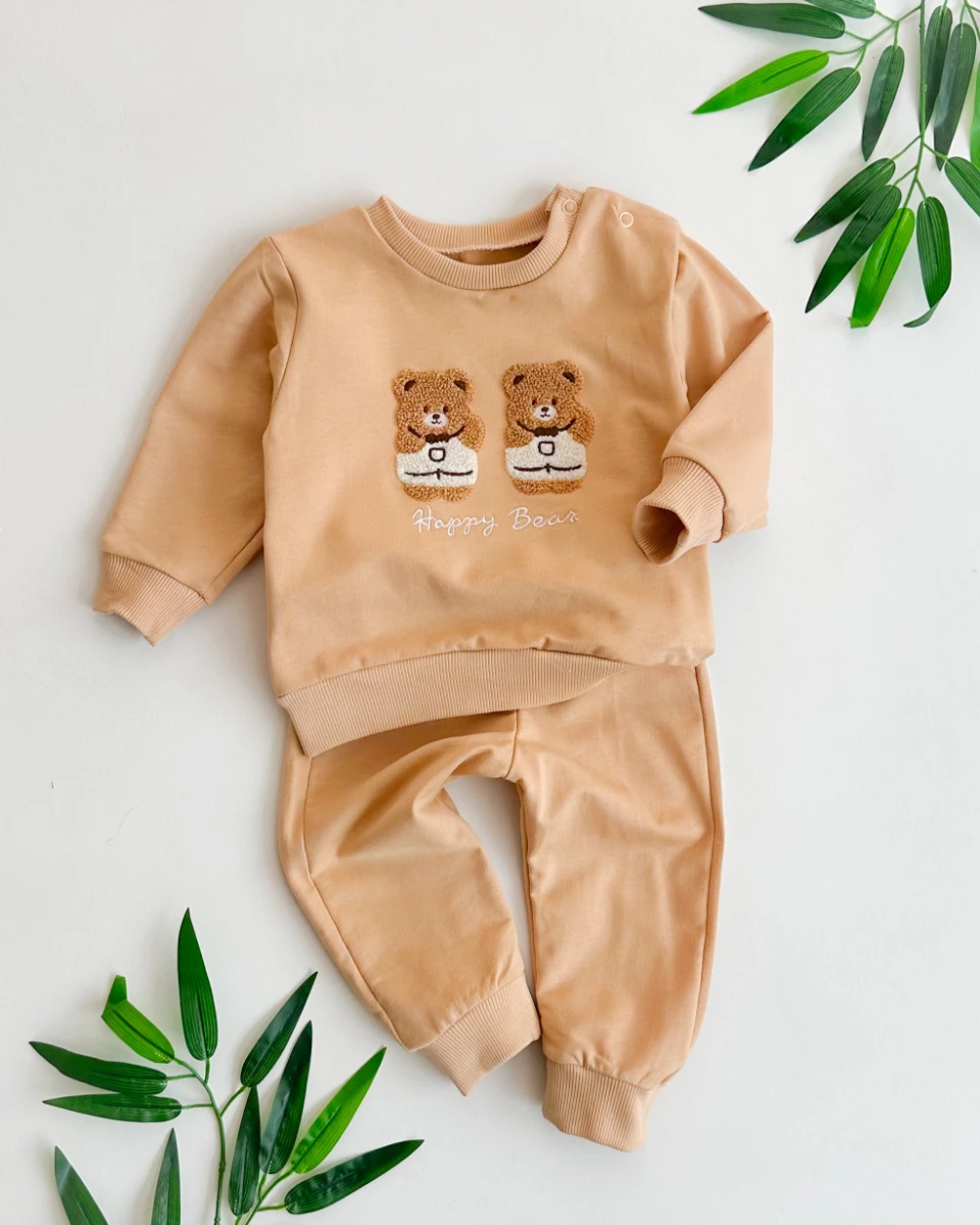 İkiz happy bear punch nakışlı omuzdan çıtçıtlı mevsimlik 2 parça takım 