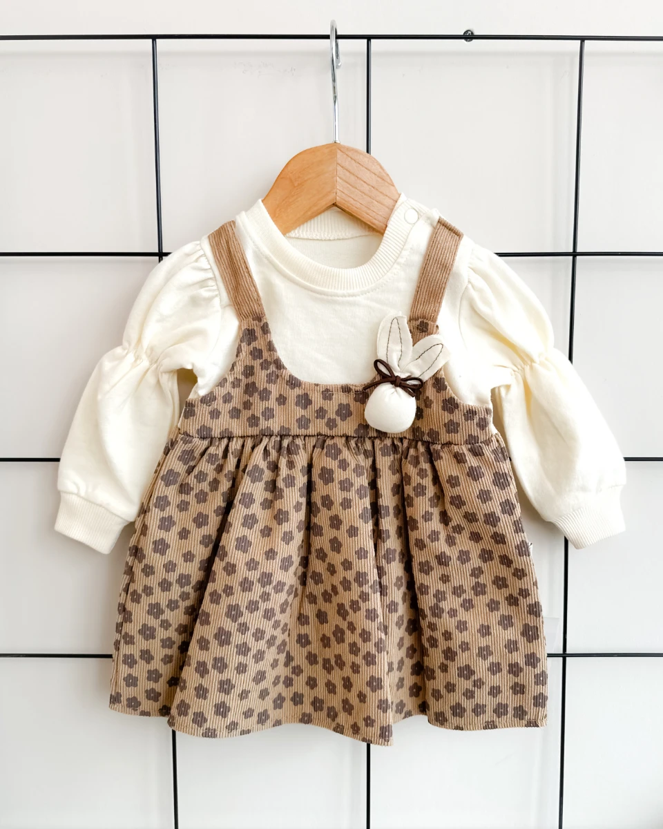 Kahve çiçekler desen sahte salopet görünümlü omuzdan çıtçıtlı mevsimlik elbise 