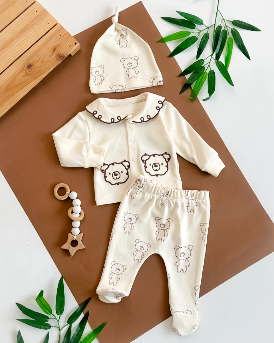 Teddy bear desenli önden çıtçıtlı mevsimlik 3 parça set 