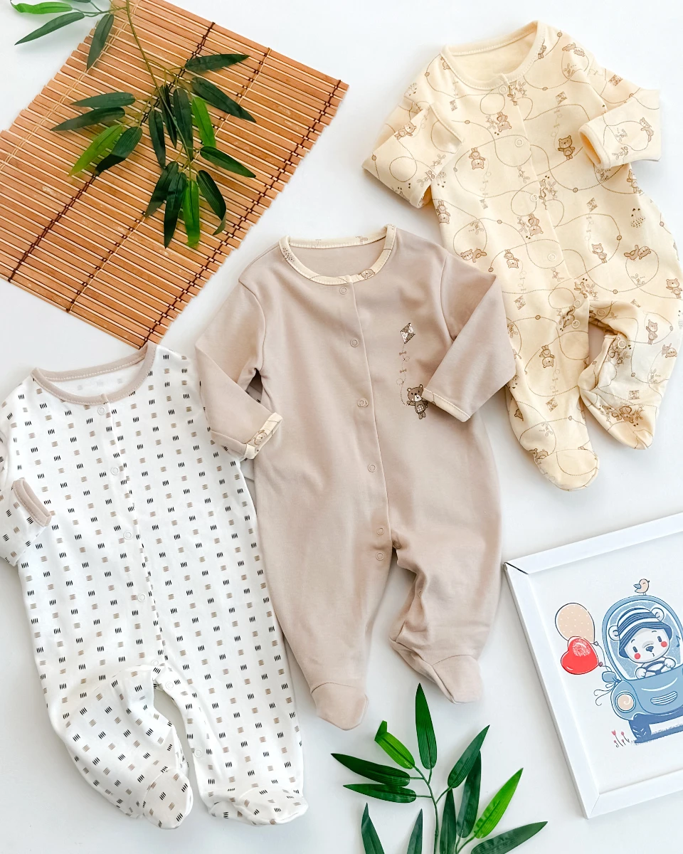 Uçurtmalı ayıcık baskılı boydan çıtçıtlı ayaklı mevsimlik 3 lü tulum