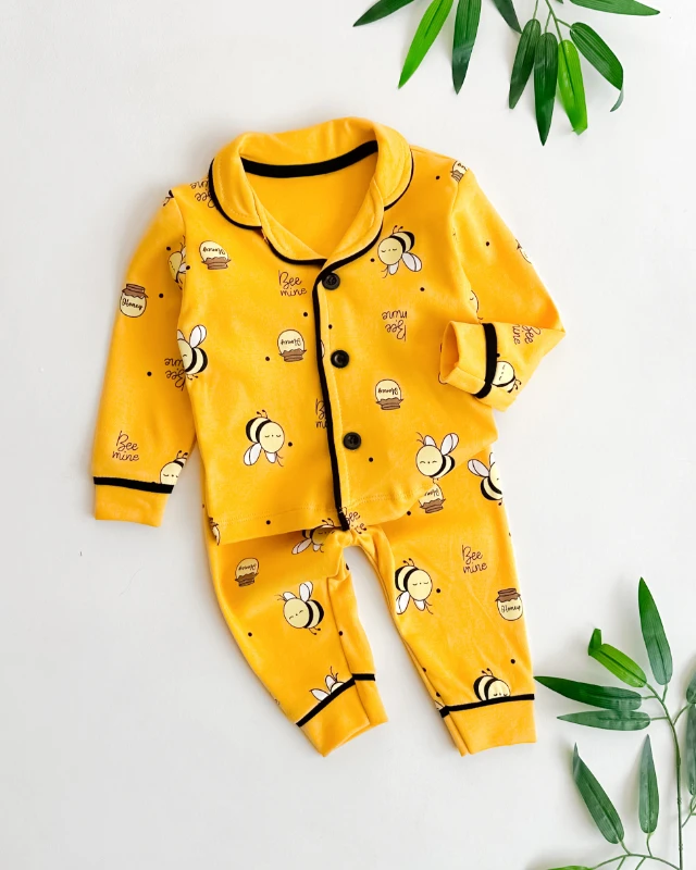 Bee honey baskılı önden düğmeli biyeli mevsimlik 2 parça pijama takımı