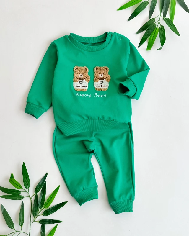 İkiz happy bear punch nakışlı omuzdan çıtçıtlı mevsimlik 2 parça takım 