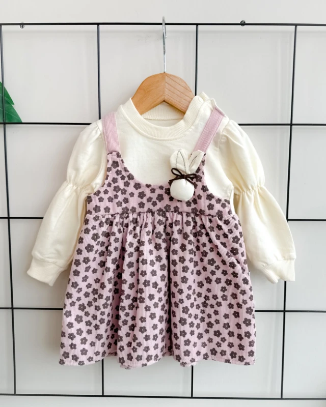 Kahve çiçekler desen sahte salopet görünümlü omuzdan çıtçıtlı mevsimlik elbise 