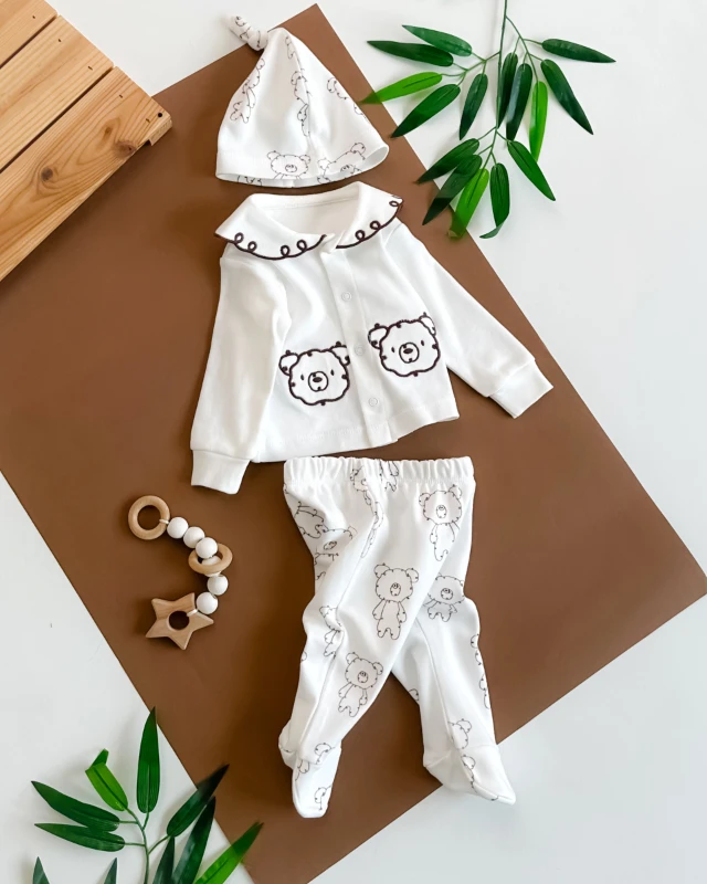 Teddy bear desenli önden çıtçıtlı mevsimlik 3 parça set 