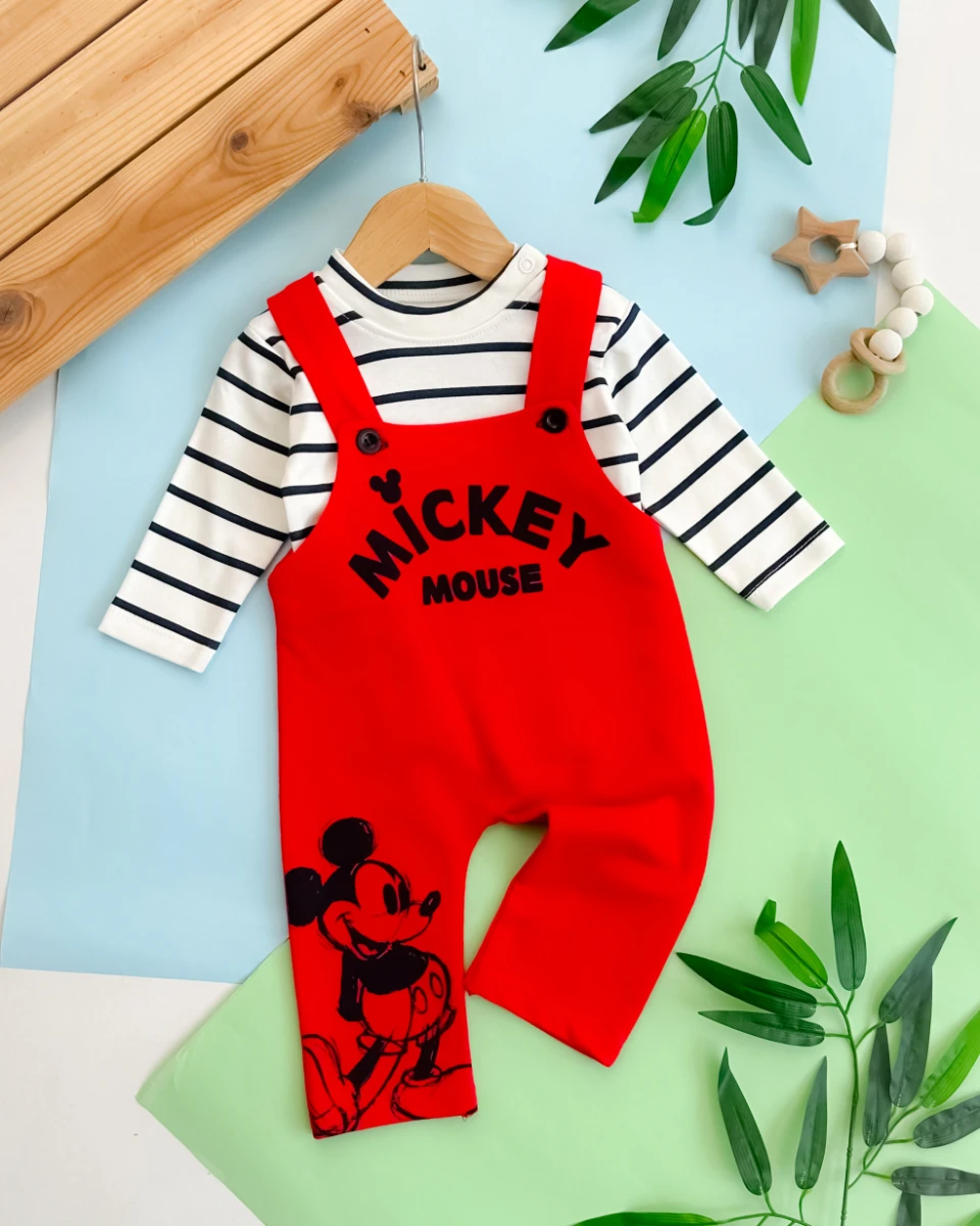 Şirin farecik baskılı çizgi badili 2 parça mevsimlik salopet set 