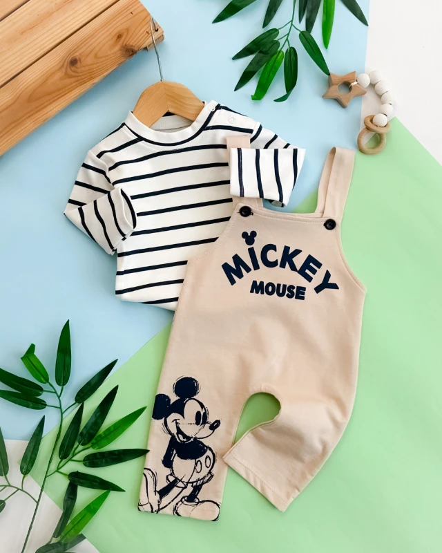 Şirin farecik baskılı çizgi badili 2 parça mevsimlik salopet set 