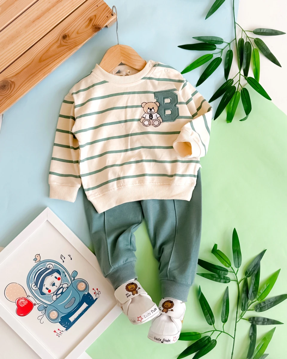 B harfli bear nakışlı omuzdan çıtçıtlı mevsimlik 2 parça takım