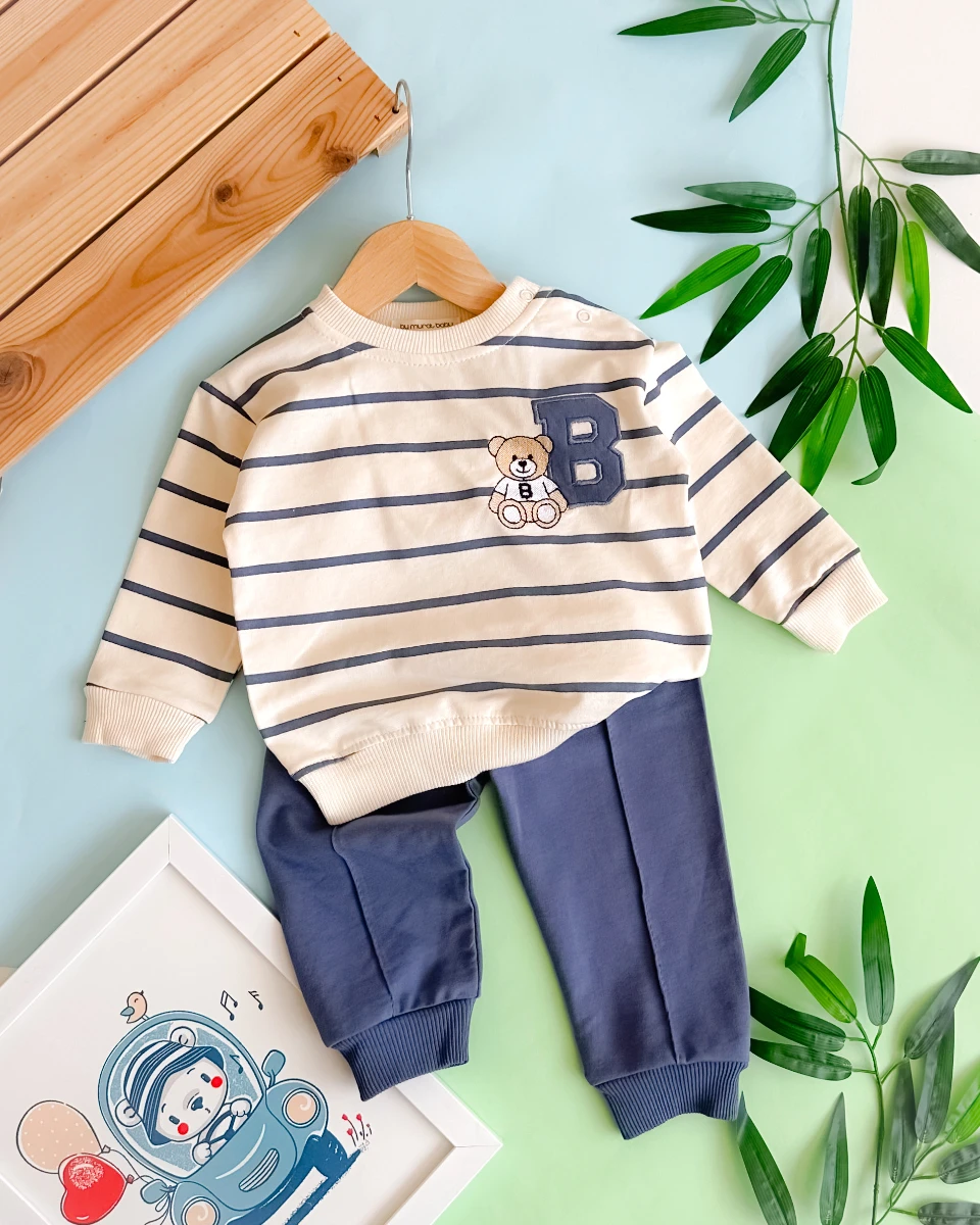 B harfli bear nakışlı omuzdan çıtçıtlı mevsimlik 2 parça takım