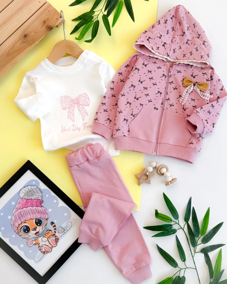 Best day forever baskılı kapüşon hırkalı mevsimlik 3 parça takım