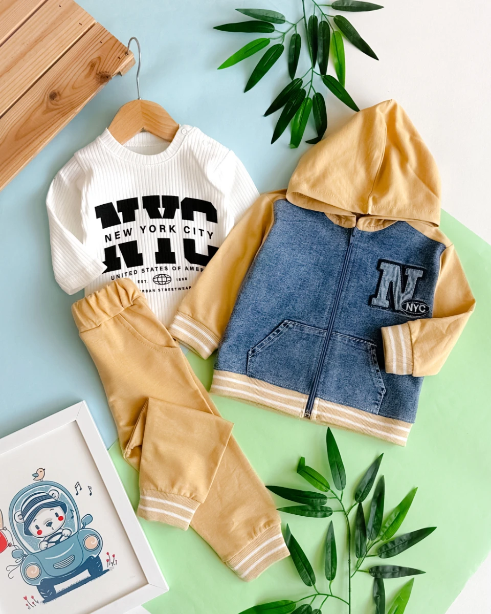 New york cıty baskılı kot detay kapüşon hırkalı mevsimlik 3 parça takım  