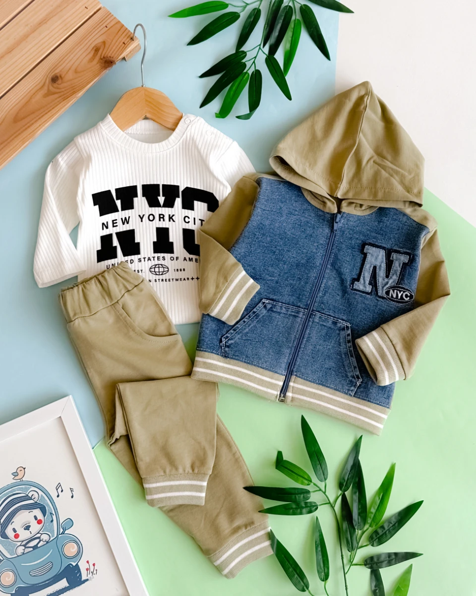 New york cıty baskılı kot detay kapüşon hırkalı mevsimlik 3 parça takım  