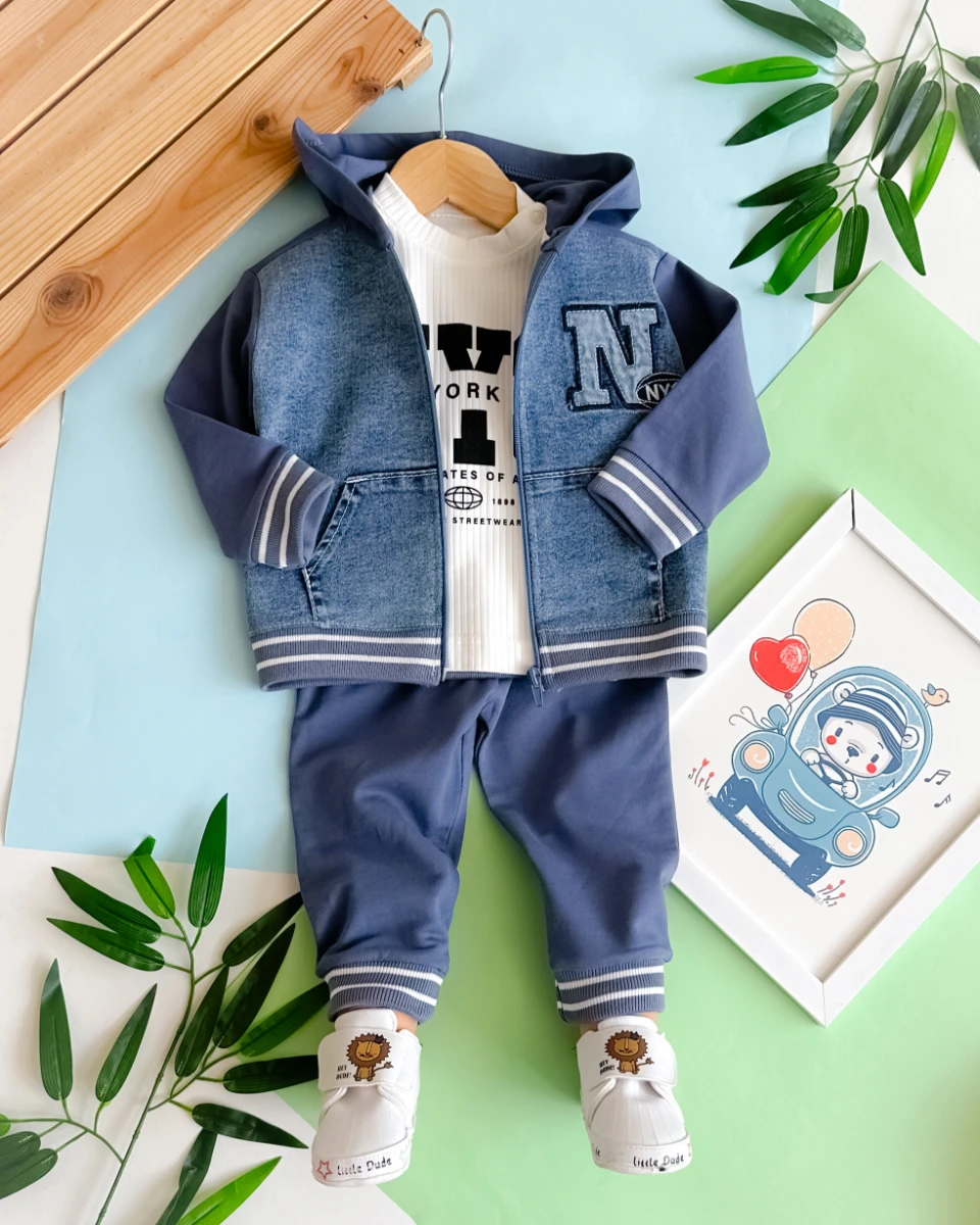 New york cıty baskılı kot detay kapüşon hırkalı mevsimlik 3 parça takım  