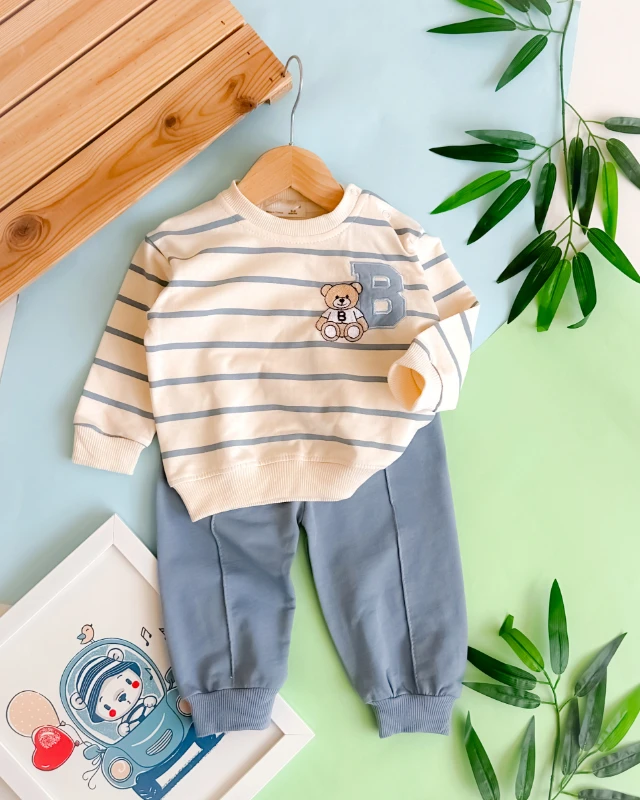 B harfli bear nakışlı omuzdan çıtçıtlı mevsimlik 2 parça takım