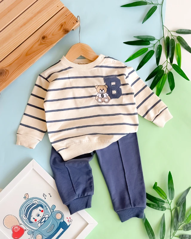 B harfli bear nakışlı omuzdan çıtçıtlı mevsimlik 2 parça takım