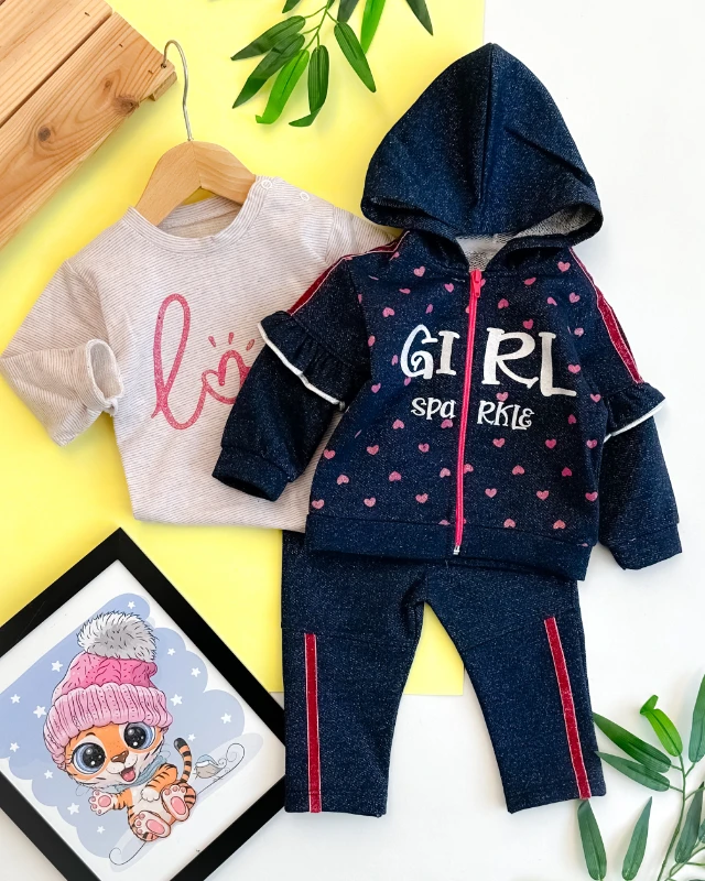Gırl minik kalpler kapüşon hırkalı simli şeritli mevsimlik 3 parça takım 