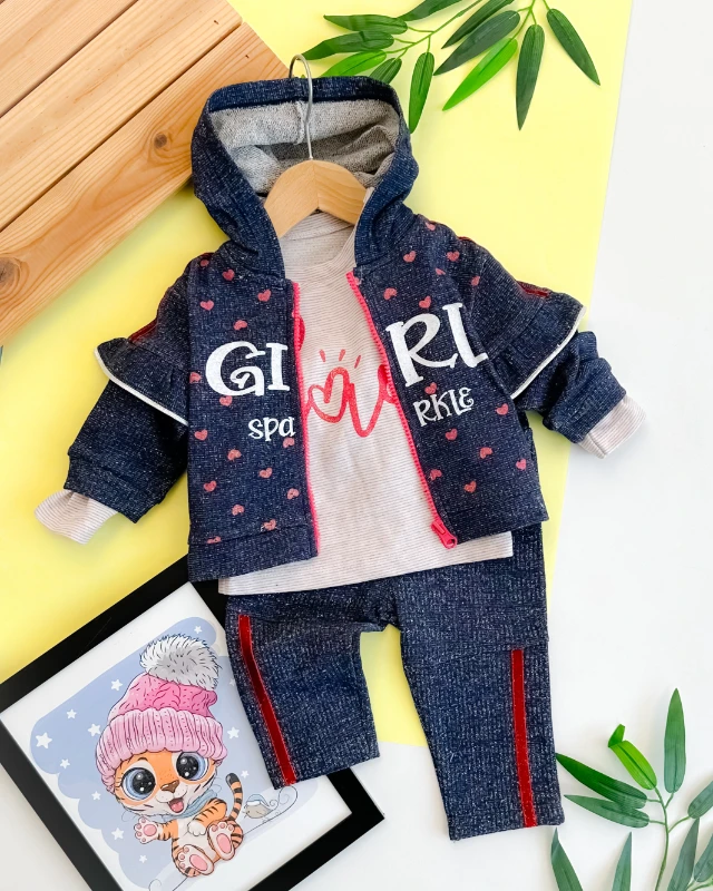 Gırl minik kalpler kapüşon hırkalı simli şeritli mevsimlik 3 parça takım 