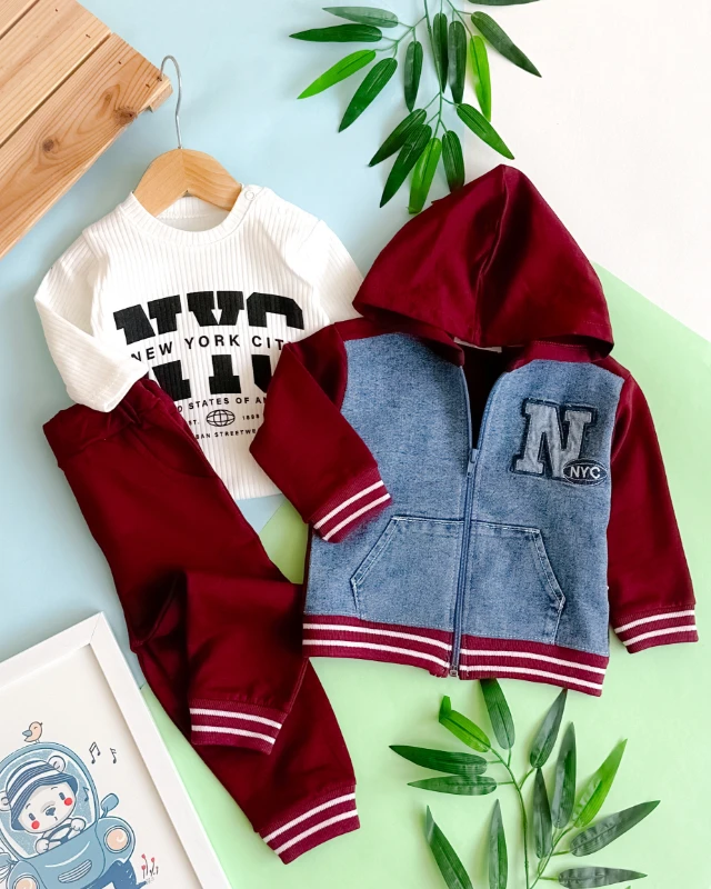 New york cıty baskılı kot detay kapüşon hırkalı mevsimlik 3 parça takım  