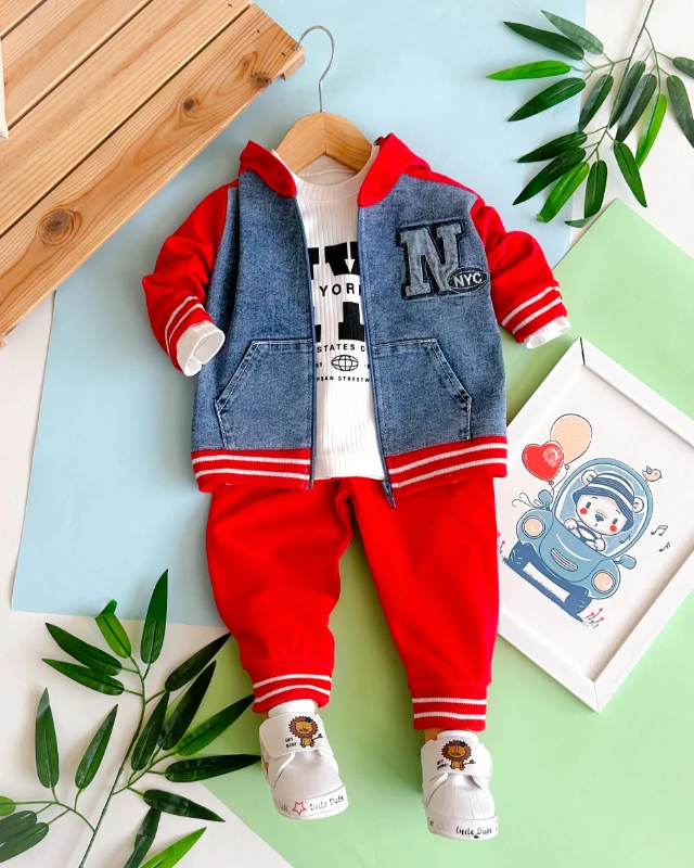 New york cıty baskılı kot detay kapüşon hırkalı mevsimlik 3 parça takım  