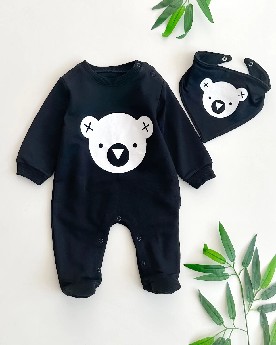 Ayı ve geometrik şekiller baskılı alttan ve omuzdan çıtçıtlı ayaklı fularlı 2 parça takım