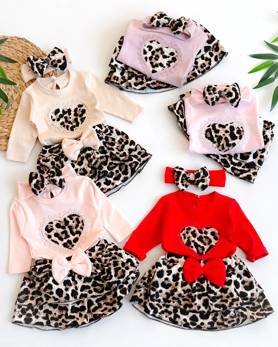 Fisto kalp içi leopar desenli fırfır etekli bandanalı mevsimlik 3 parça takım