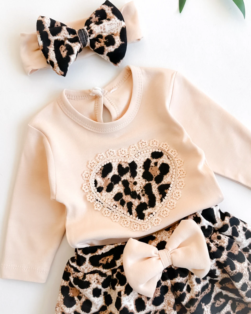 Fisto kalp içi leopar desenli fırfır etekli bandanalı mevsimlik 3 parça takım