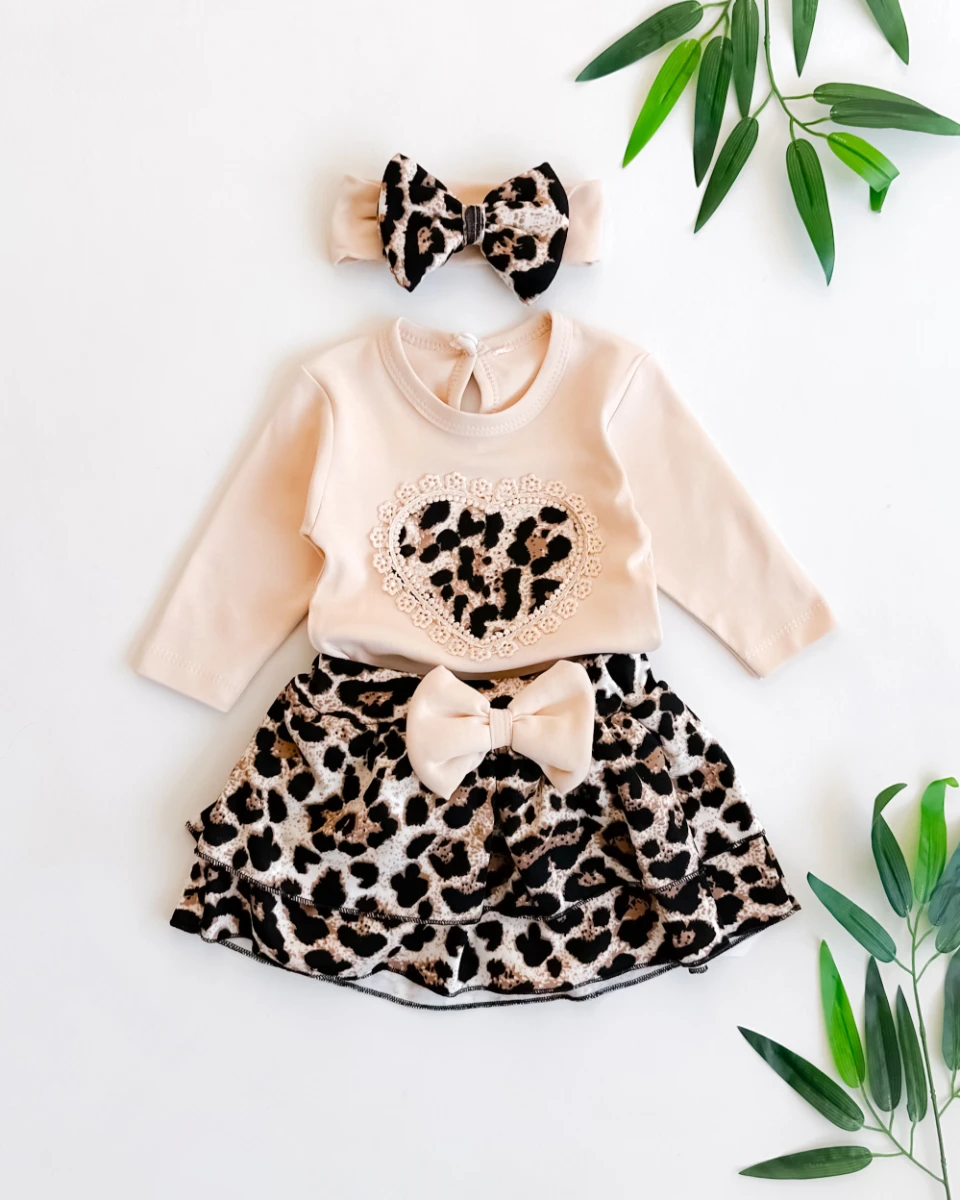Fisto kalp içi leopar desenli fırfır etekli bandanalı mevsimlik 3 parça takım