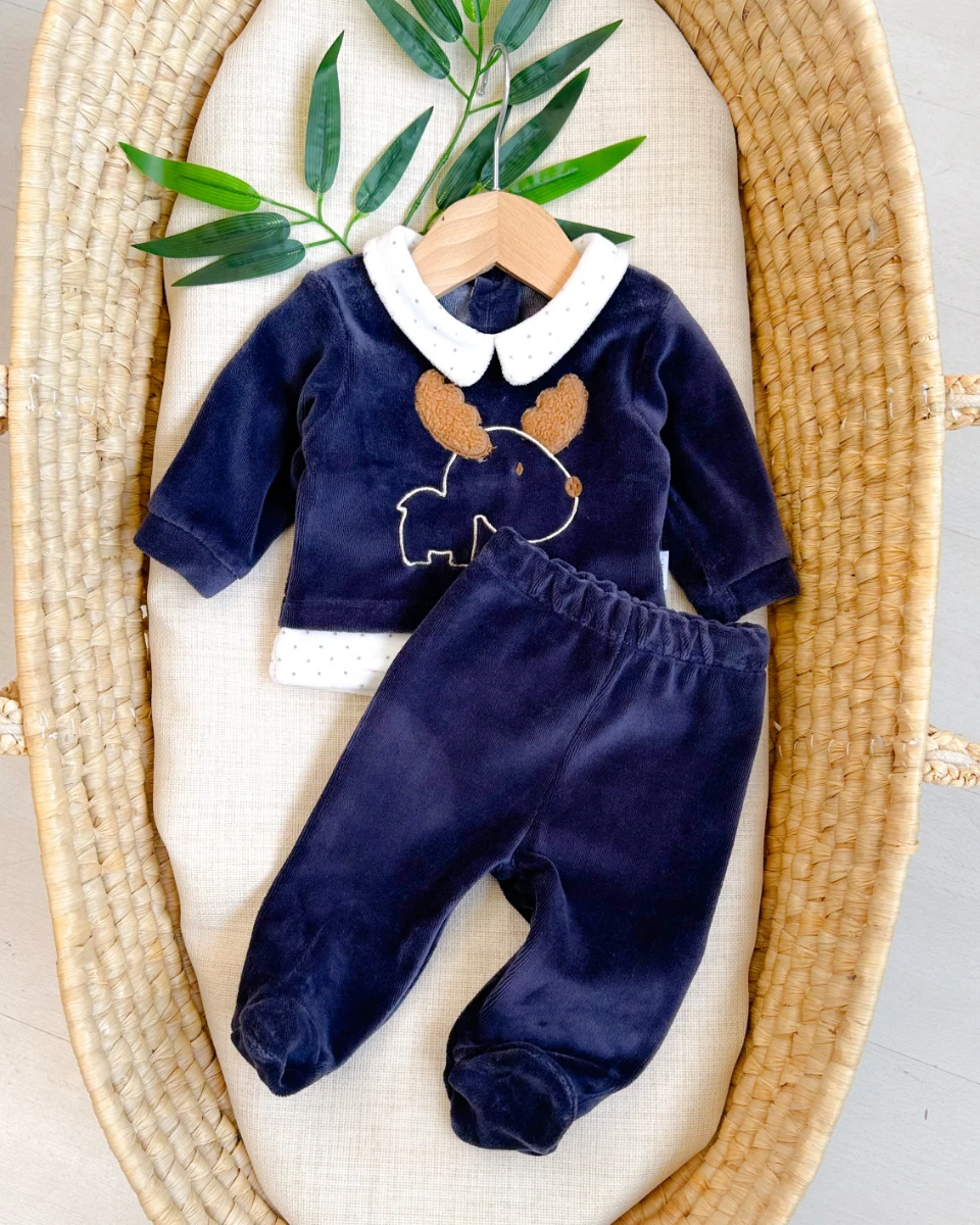 Geyik nakış puantiye detaylı arkadan çıtçıtlı kadife 2 parça takım