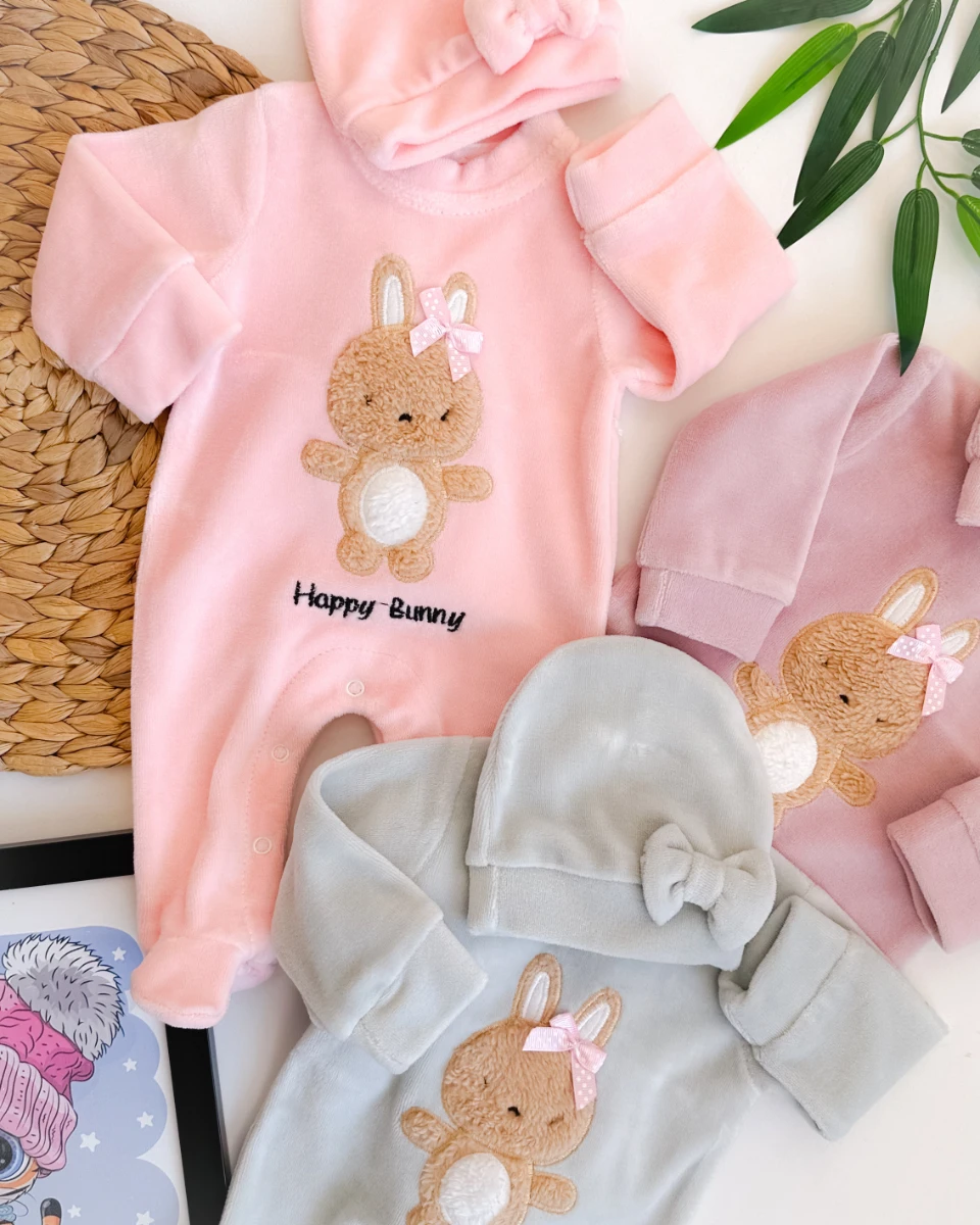 Happy tavşan detaylı alttan ve arkadan çıtçıtlı ayaklı şapkalı kadife 2 parça tulum set