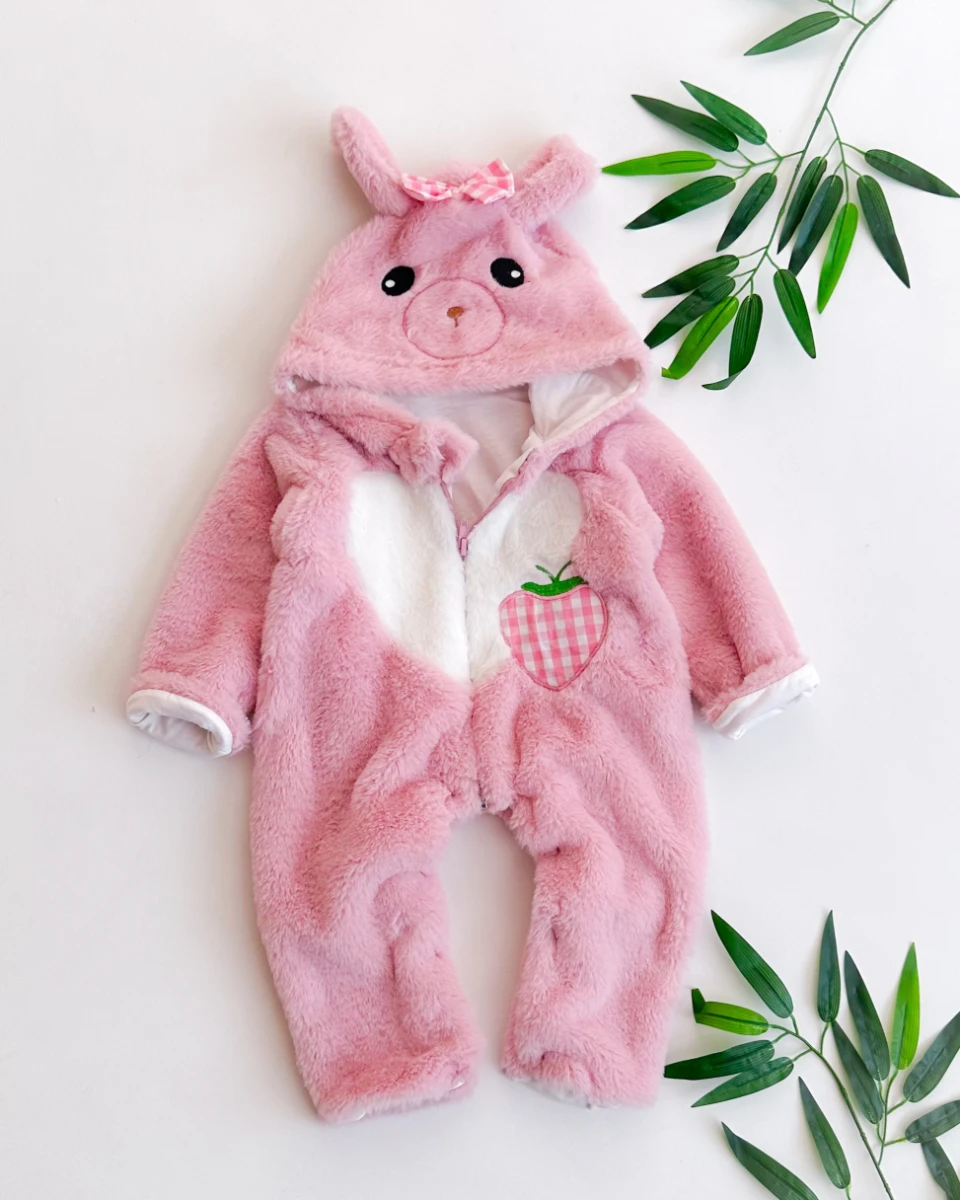 Kalp çilekli şirin hayvan surat kapüşonlu içi astarlı fermuarlı peluş kışlık tulum