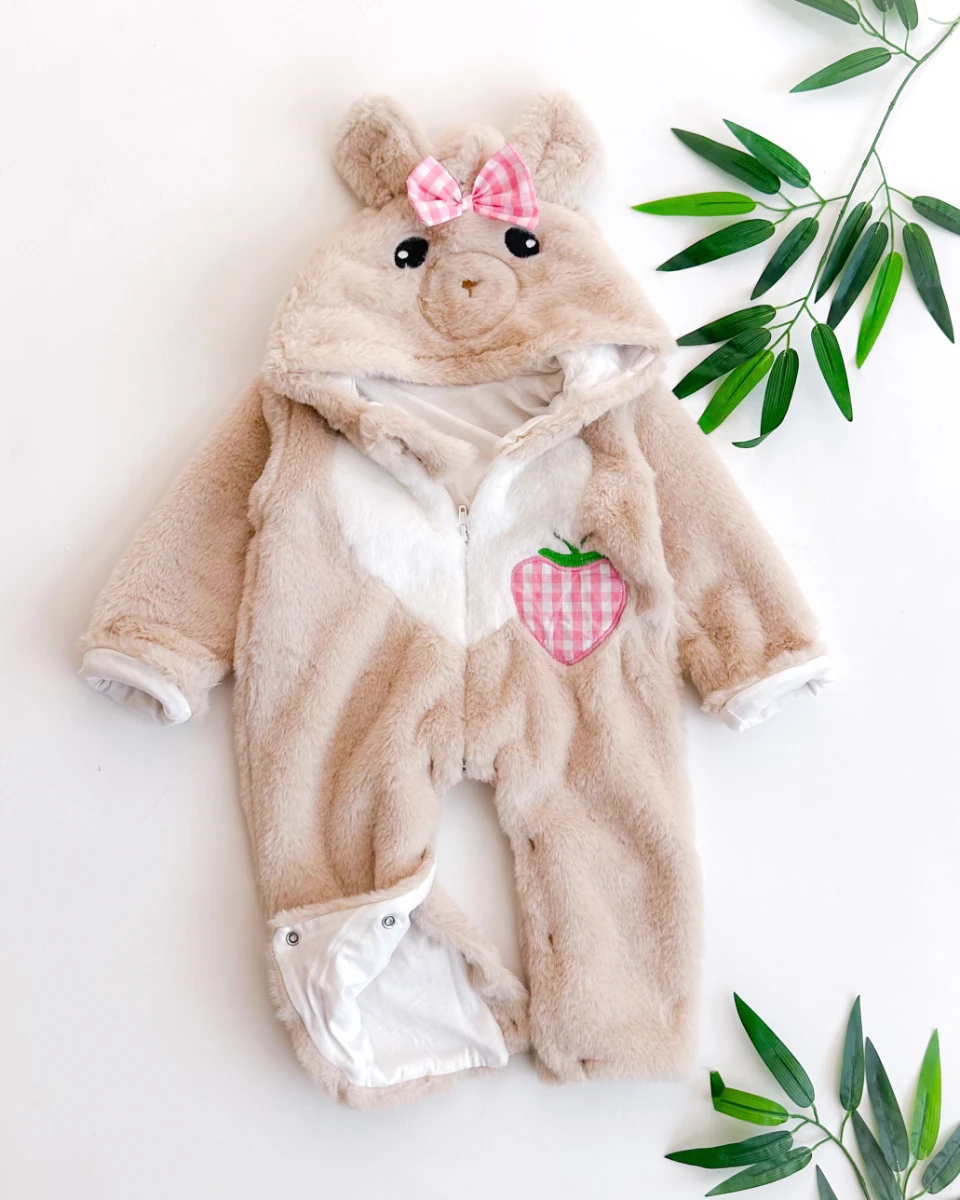 Kalp çilekli şirin hayvan surat kapüşonlu içi astarlı fermuarlı peluş kışlık tulum