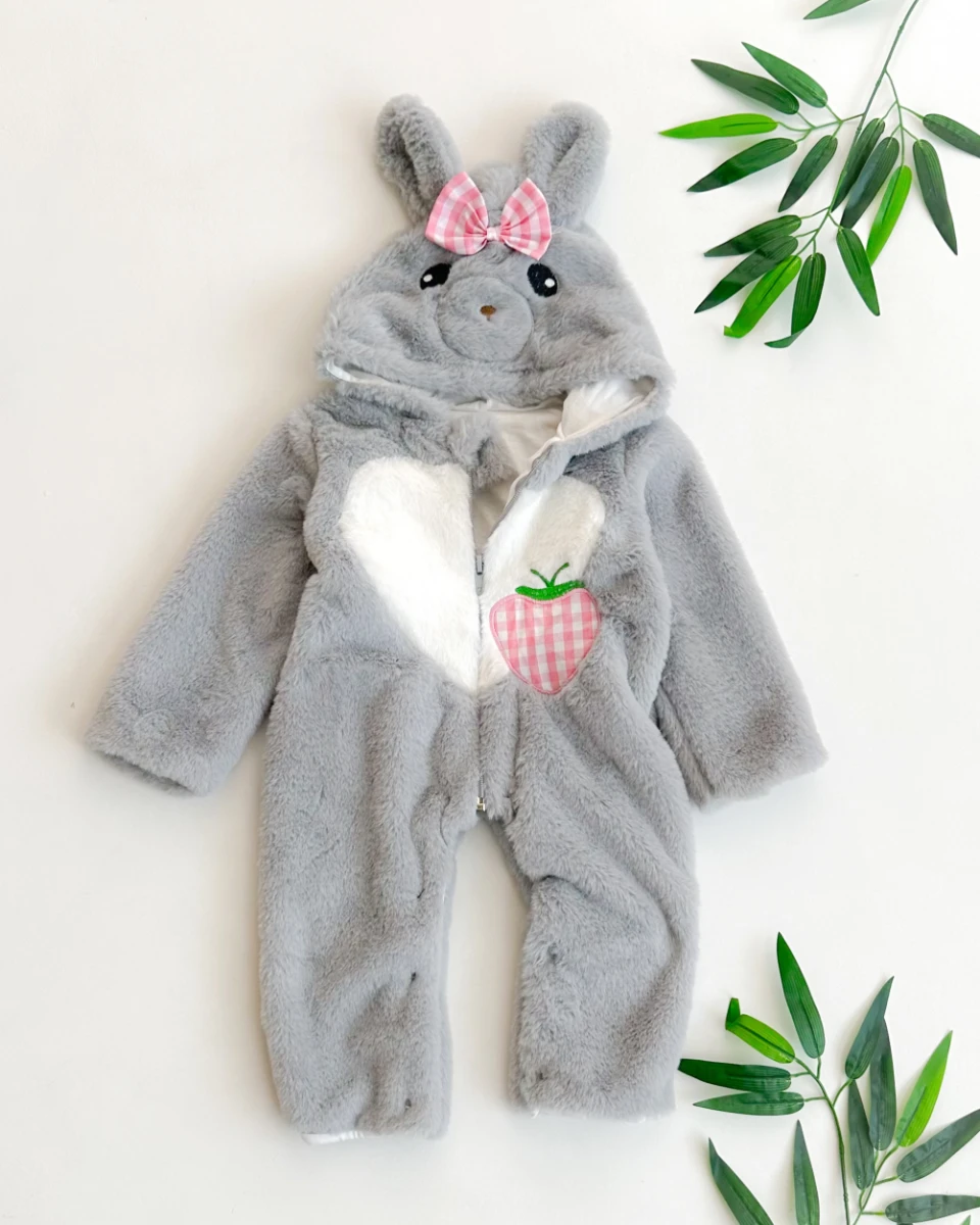 Kalp çilekli şirin hayvan surat kapüşonlu içi astarlı fermuarlı peluş kışlık tulum