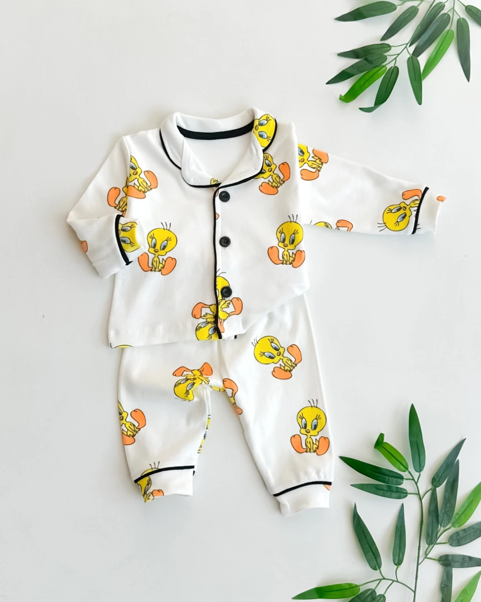 Şirin tweety baskılı önden düğmeli kenarları biyeli 2 parça pijama takımı  