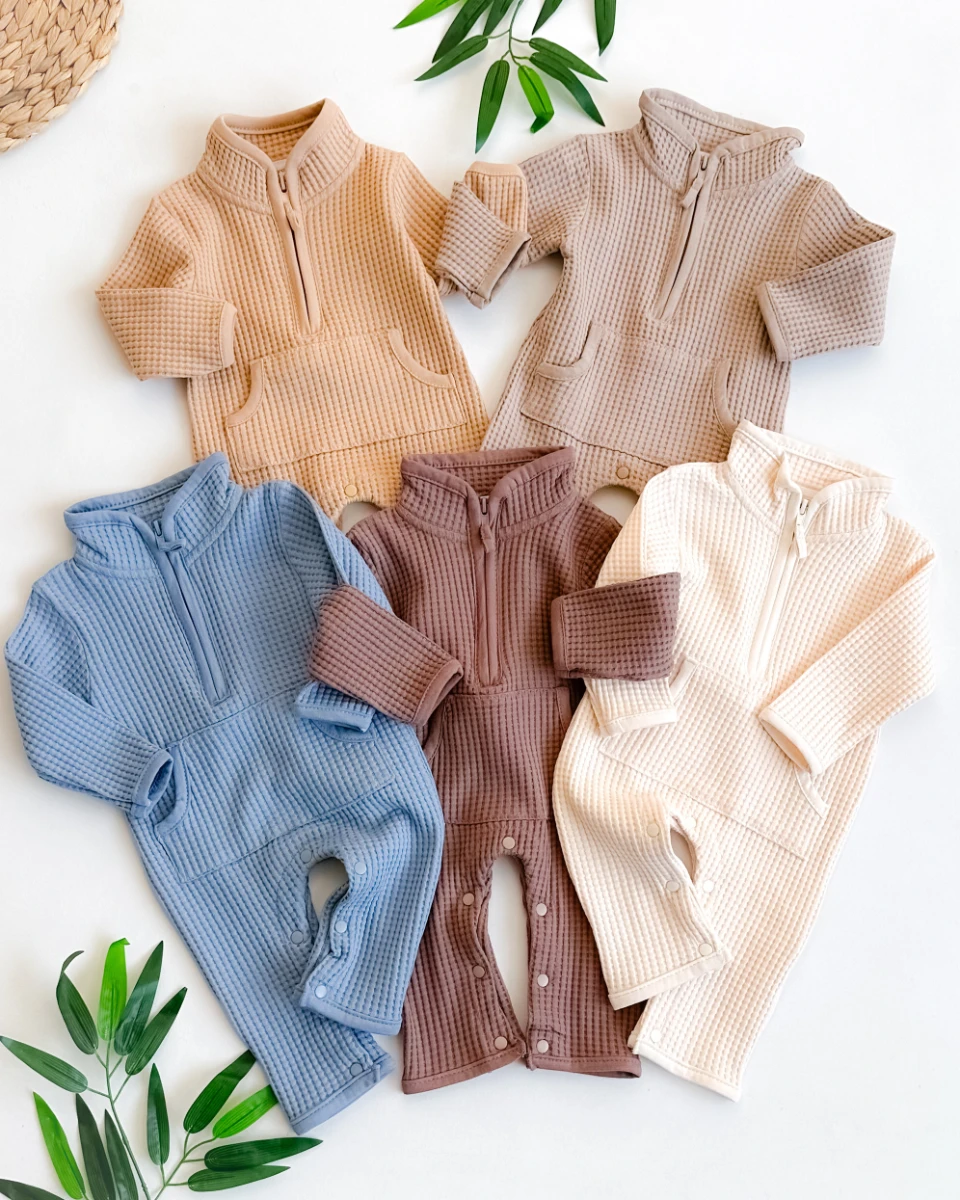 Yakada yarım fermuar detaylı kanguru cepli waffle kumaş alttan çıtçıtlı mevsimlik tulum