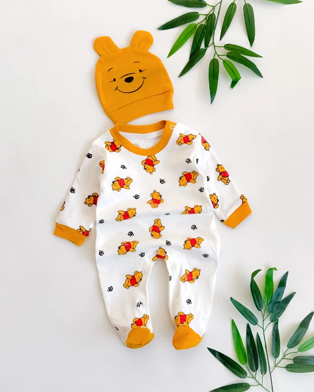 Arı ve poo baskılı omuzdan çıtçıtlı ayaklı şapkalı mevsimlik tulum set 