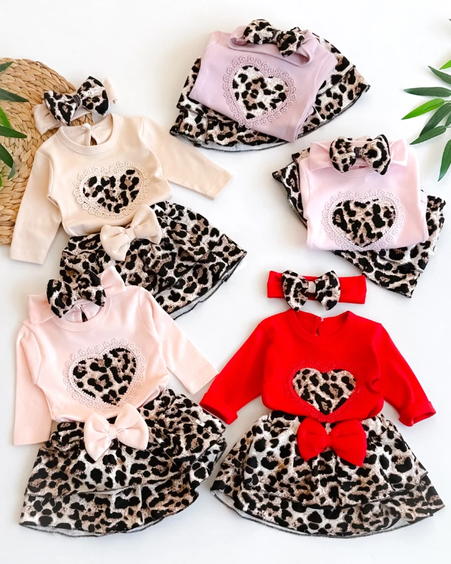 Fisto kalp içi leopar desenli fırfır etekli bandanalı mevsimlik 3 parça takım