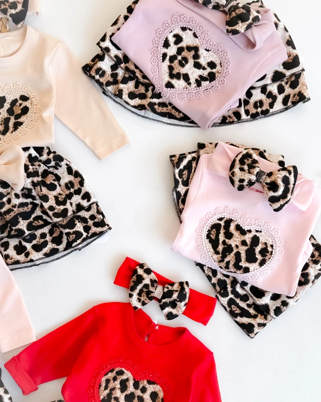 Fisto kalp içi leopar desenli fırfır etekli bandanalı mevsimlik 3 parça takım
