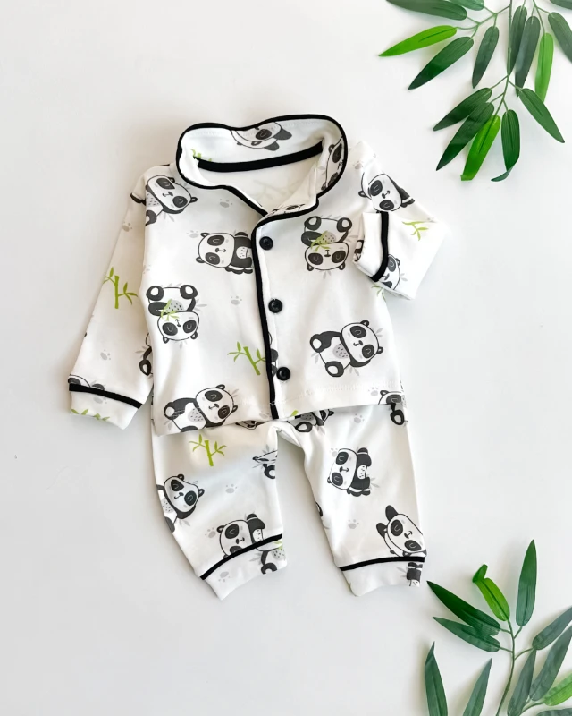 Keyifçi panda baskılı kenarları biyeli önden düğmeli 2 parça pijama takımı