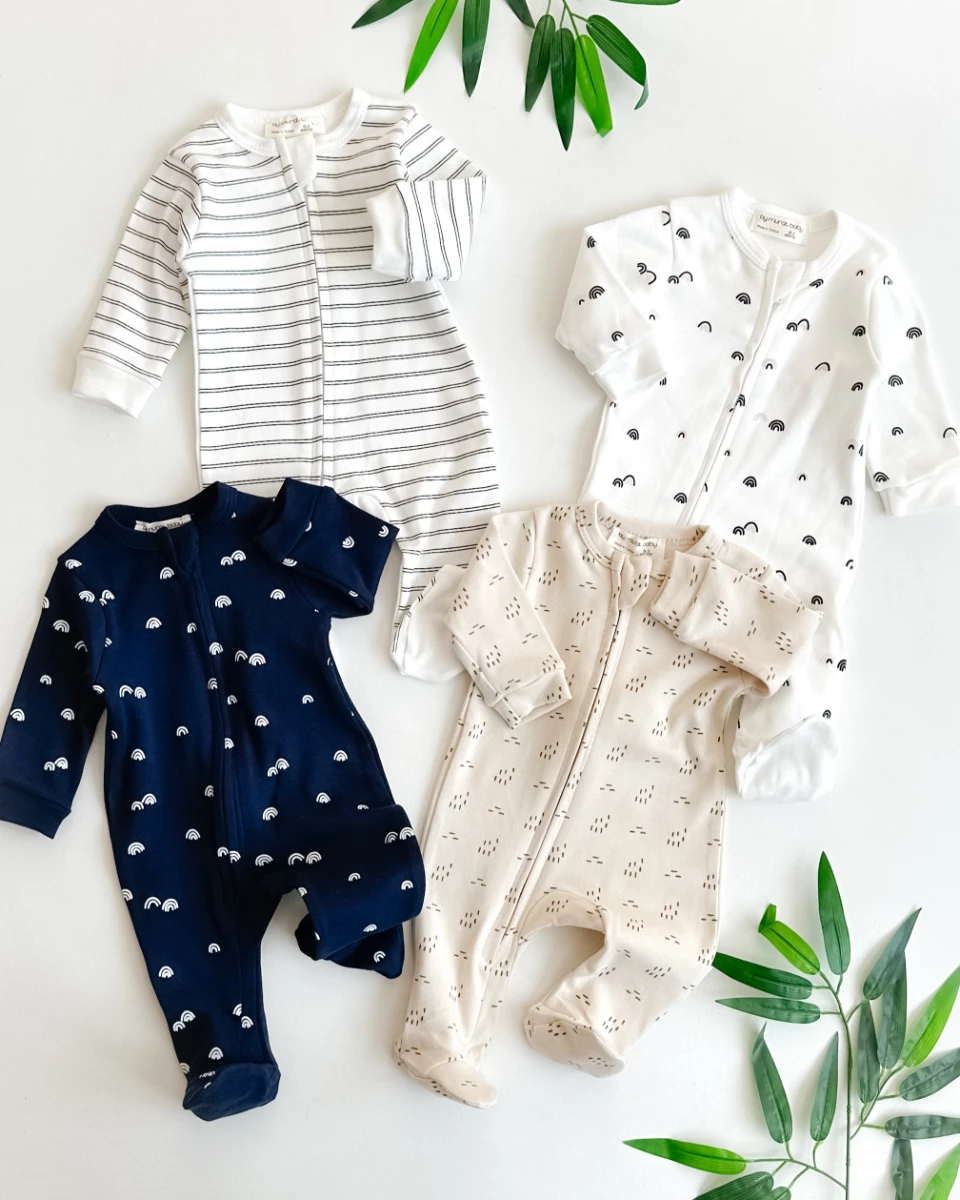 Gökkuşağı ve çizgi baskılı boydan fermuarlı ayaklı 4lü tulum set 