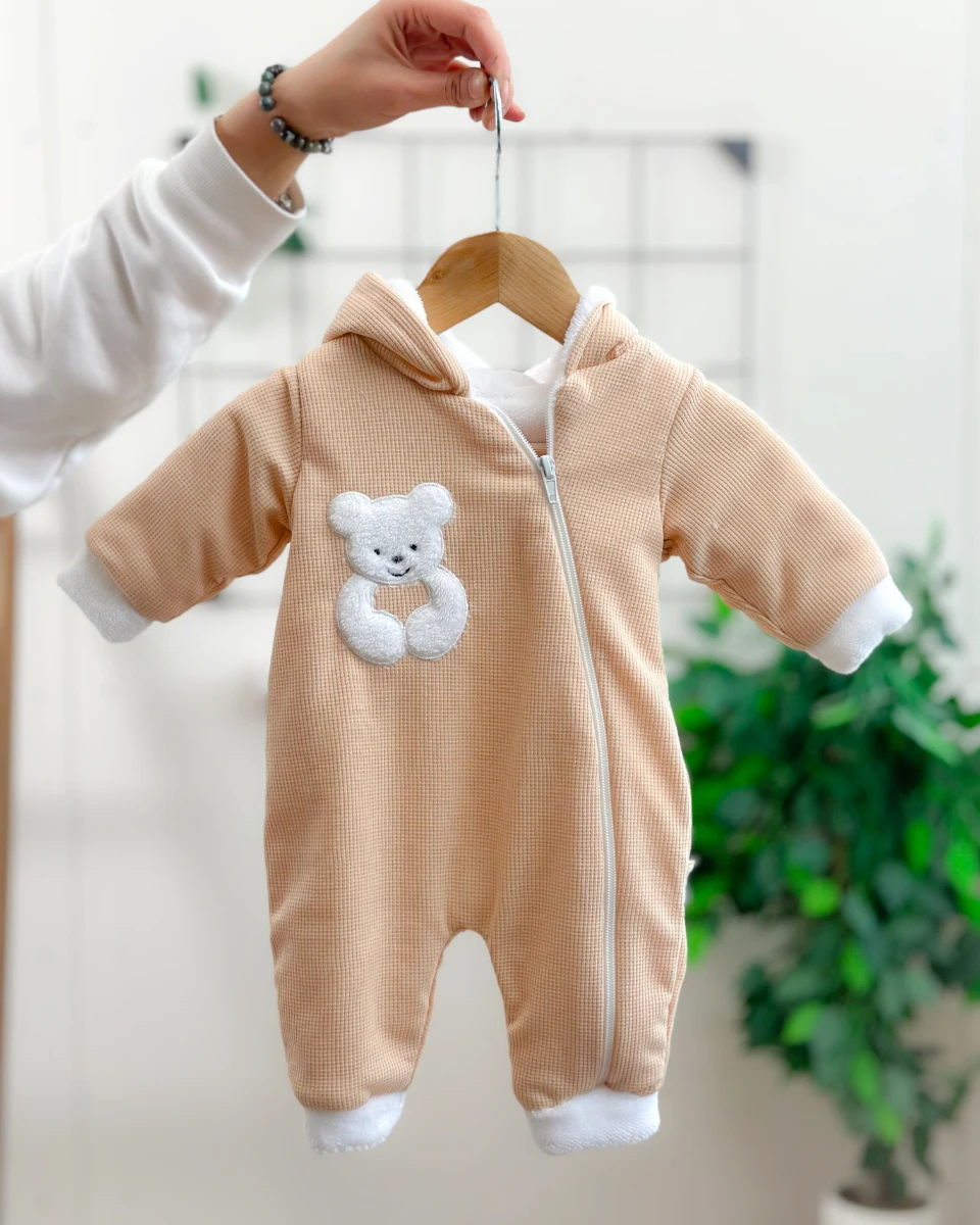 Tombul peluş ayıcık detaylı içi welsoft boydan fermuarlı kışlık dış giyim tulum 